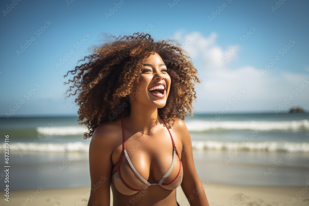 Young chubby black woman having fun at beach. Cheerful friends enjoying at sea. - obrazy, fototapety, plakaty 