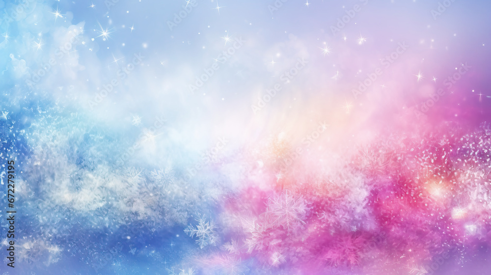  a blue and pink background with snow flakes and stars.  generative ai