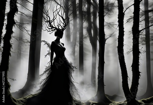 una figura enigmática, cuya forma es una misteriosa fusión de ramas retorcidas en el bosque photo