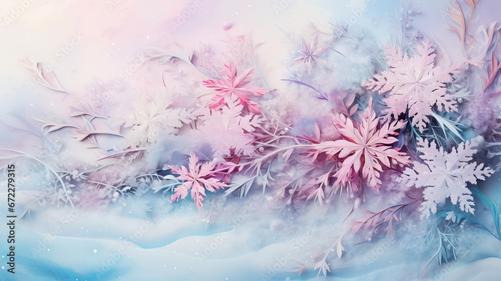 a painting of snow flakes and leaves on a blue background. generative ai a painting of snow flakes and leaves on a blue background. generative ai