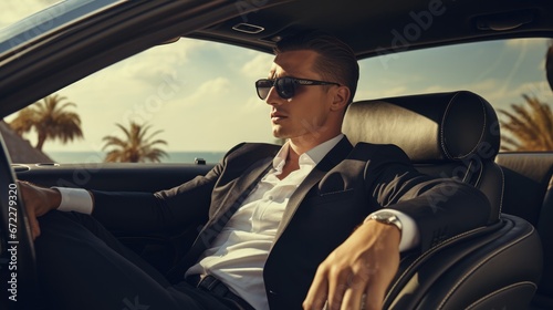 Rich man on luxury car. Luxury travel. Business tourism.