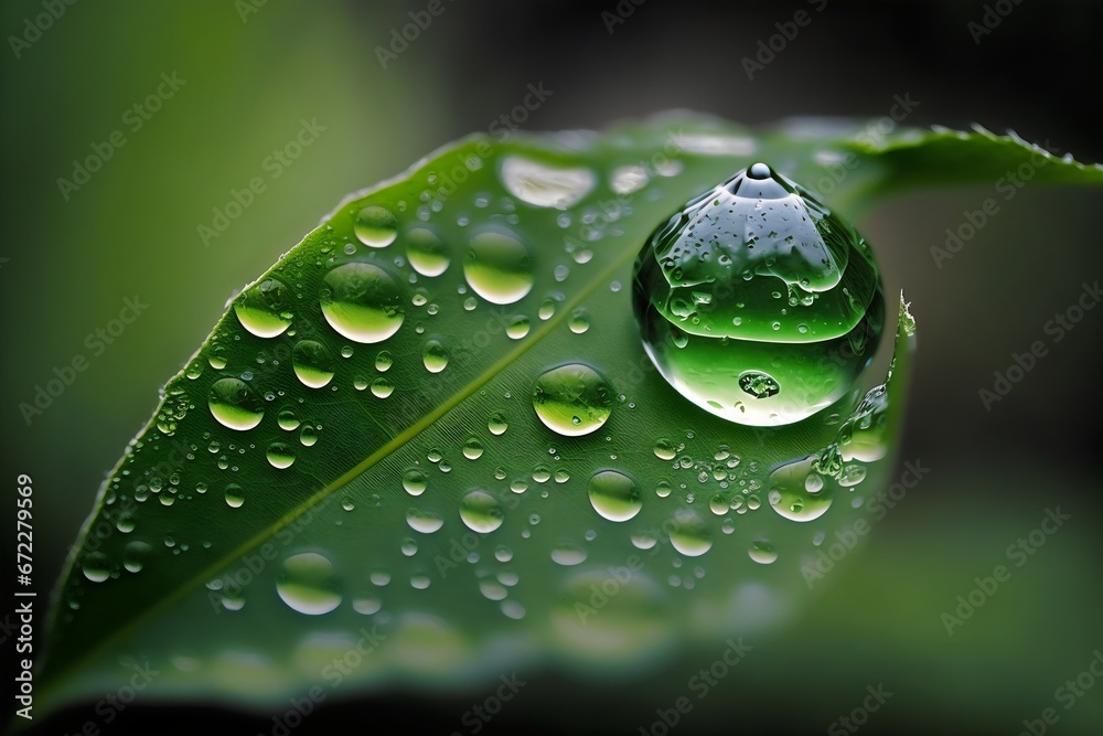 Fototapeta premium Water droplets on green leaf. Nature background. Generative AI.