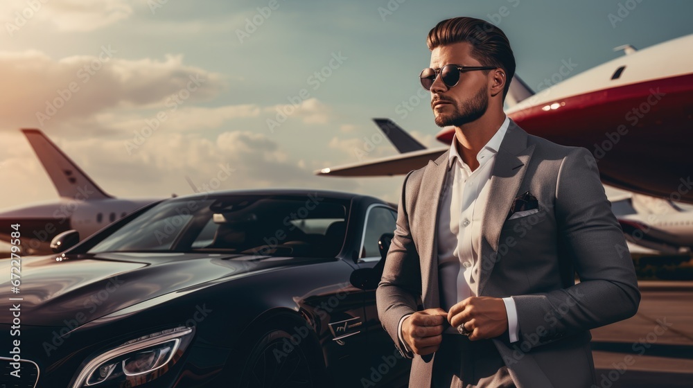 Rich man on luxury car. Luxury travel. Business tourism. - obrazy, fototapety, plakaty 