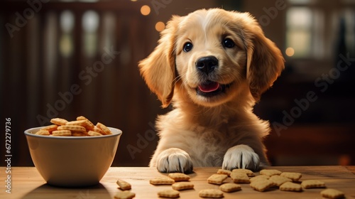 puppy sitting and happily staring at a treat in front of them, copy space, 16:9 photo