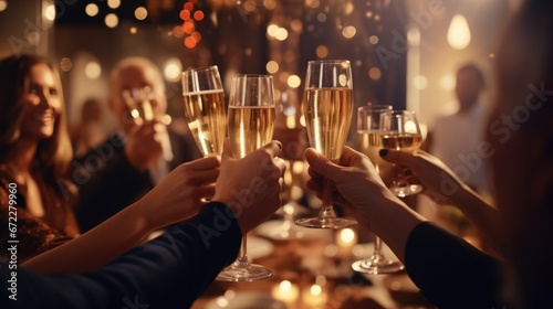 Happy mature people cheers with champagne drinks glasses at dinner gala. Toast in a party to celebrate achievement or new year at luxury event. photo