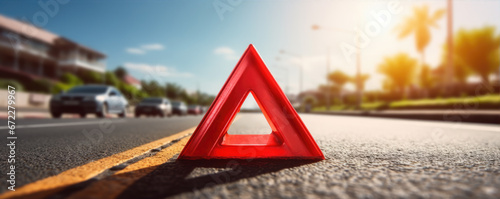 Red emergency safety triangle or stop sign on road.