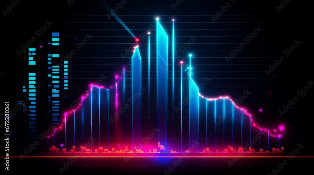 business growth chart with an arrow moving upward with neon background, copy space, 16:9