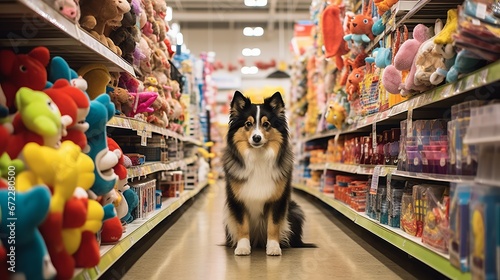 dog walking through a store aisle filled with dog toys, copy space, 16:9 photo