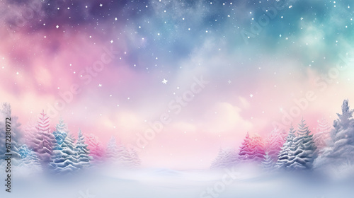  a snowy landscape with trees and a sky full of stars.  generative ai © Shanti