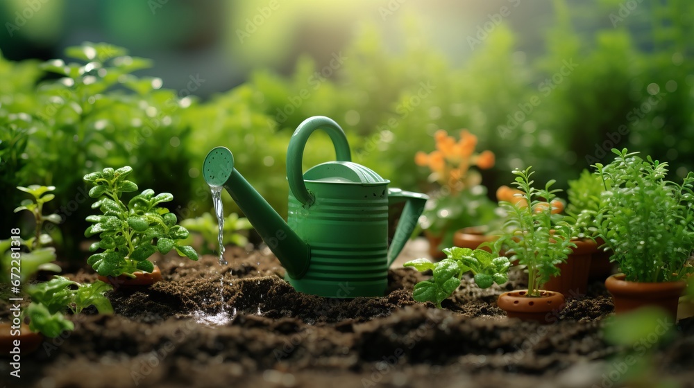 small herb patch with a sprinkler watering it, copy space, 16:9 small herb patch with a sprinkler watering it, copy space, 16:9