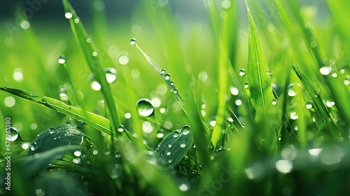  a close up of grass with water droplets on it and a blue sky in the background. generative ai