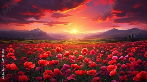  a painting of a sunset over a field of red flowers. generative ai