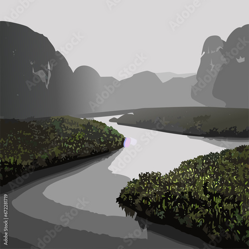 Landscape with river, mangrove forest and limestone hills during sunrise.