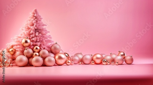 Christmas background with pink balls and Christmas tree on pink background with copy space