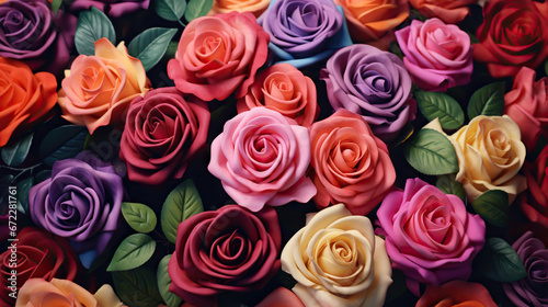  a close up of a bunch of multicolored roses.  generative ai