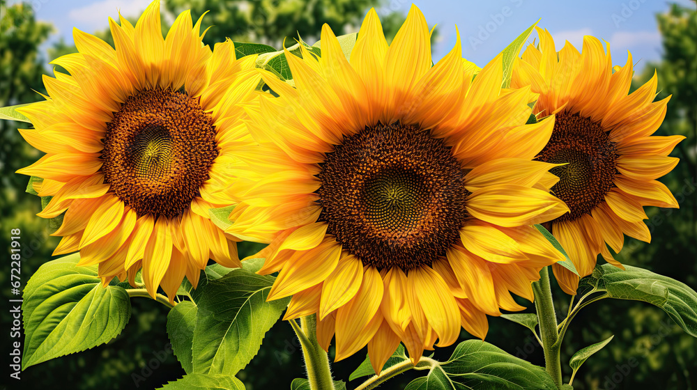  three large sunflowers with green leaves in the foreground.  generative ai