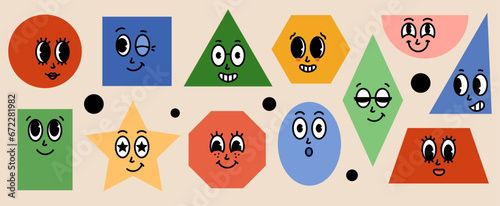 Set funny cartoon basic Geometric Figures with face emotions. Different shapes. Comic elements in trendy retro cartoon style. Vector illustration

