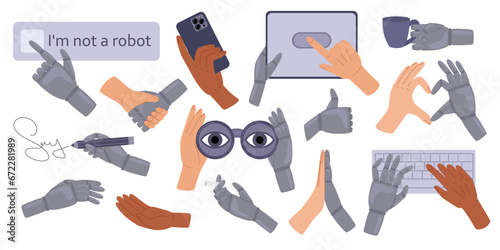 Set human and robot hands gestures. Human robotic arm clicking on I am not a robot, holding stuff, search binoculars, smartphone, tablet, stylus. Vector illustration in doodle style 