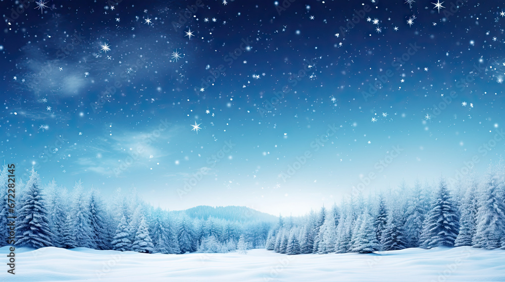  a snowy landscape with trees and a sky full of stars.  generative ai