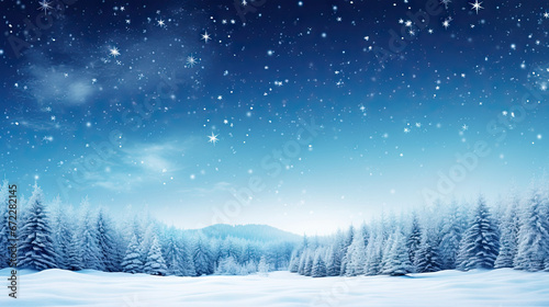  a snowy landscape with trees and a sky full of stars. generative ai