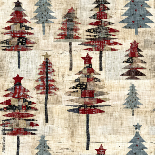 Old-Fashioned christmas tree with primitive hand sewing fabric effect. Cozy nostalgic homespun winter hand made crafts style seamless pattern.