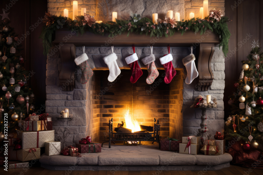 Cozy Holiday Hearth: Fireplace with Christmas Stockings