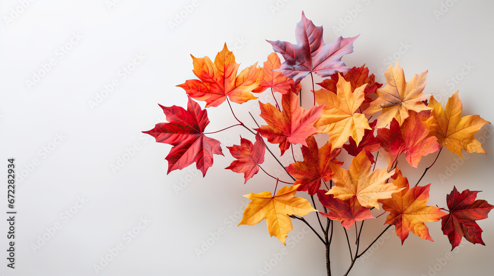 a vase filled with colorful leaves on top of a table. generative ai a vase filled with colorful leaves on top of a table. generative ai