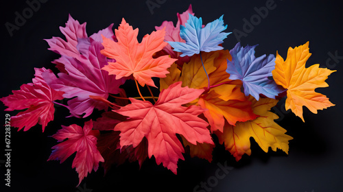  a bunch of colorful leaves on a black background with a black background.  generative ai