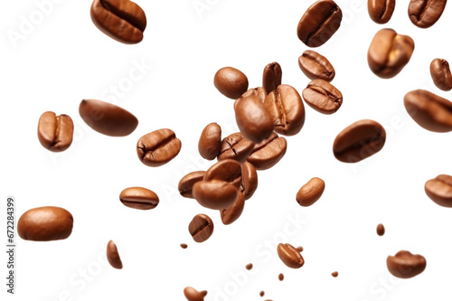 Falling coffee beans isolated on transparent background.