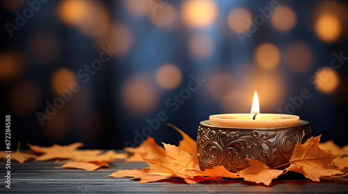  a lit candle sitting on top of a table next to leaves.  generative ai © Shanti