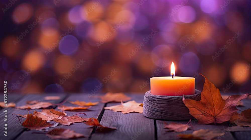 a lit candle sitting on top of a wooden table next to leaves. generative ai a lit candle sitting on top of a wooden table next to leaves. generative ai