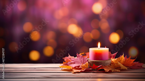  a lit candle with autumn leaves on a wooden table in front of a blurry background.  generative ai