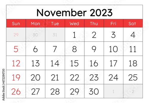 November 2023 calendar. Monthly planning for your business events. Vector