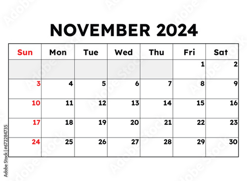 November 2024 calendar. Vector illustration. Monthly planning for your business