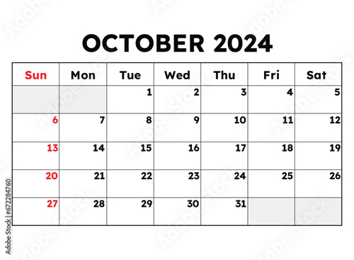 October 2024 calendar. Vector illustration. Monthly planning for your business