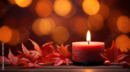  a lit candle surrounded by red leaves and boke of lights.  generative ai