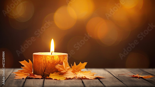  a lit candle with autumn leaves on a wooden table with a boke of lights in the background. generative ai