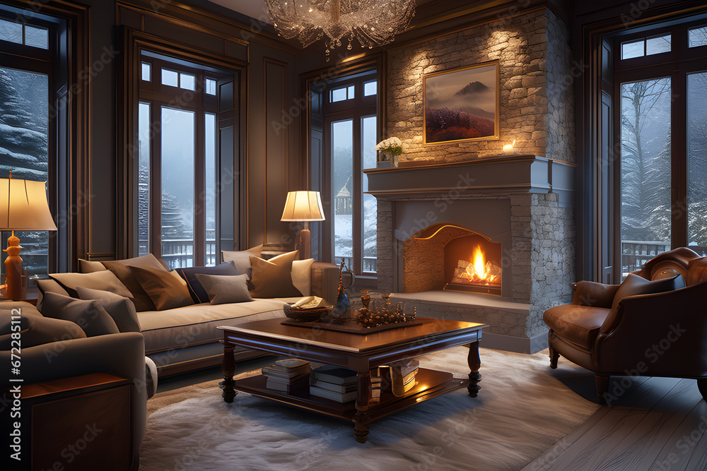 The living room is a cozy space with a comfortable sofa, a coffee table with books, and a fireplace framed by stone. Generative AI The living room is a cozy space with a comfortable sofa, a coffee table with books, and a fireplace framed by stone. Generative AI