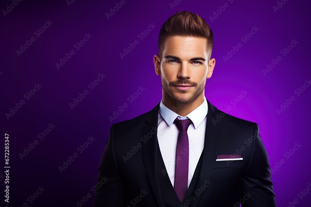 smartly dressed handsome business man wearing a suit on puple shaded background
smartly dressed handsome business man wearing a suit on puple shaded background