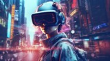 double exposure photography of closeup VR gamer and the beautiful sci-fi city