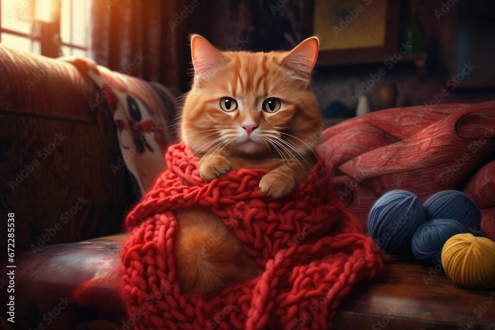 Cat knitting with red wool in the comfort of home.