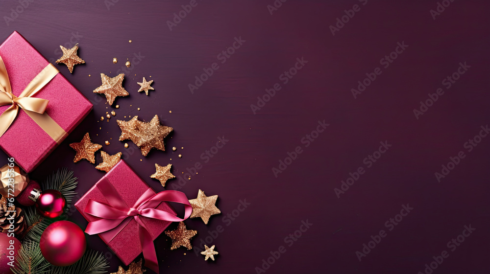 a purple christmas background with presents and decorations on it and a gold bow. generative ai a purple christmas background with presents and decorations on it and a gold bow. generative ai