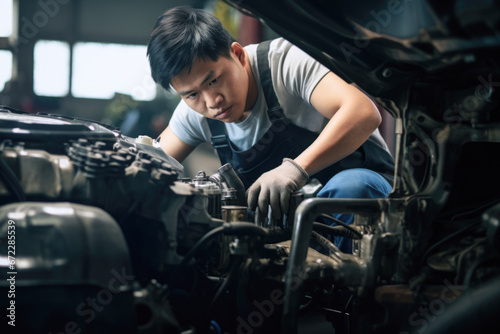 Asian Machanic repair a car engine in the garage autmotive wokshop. Generative Ai