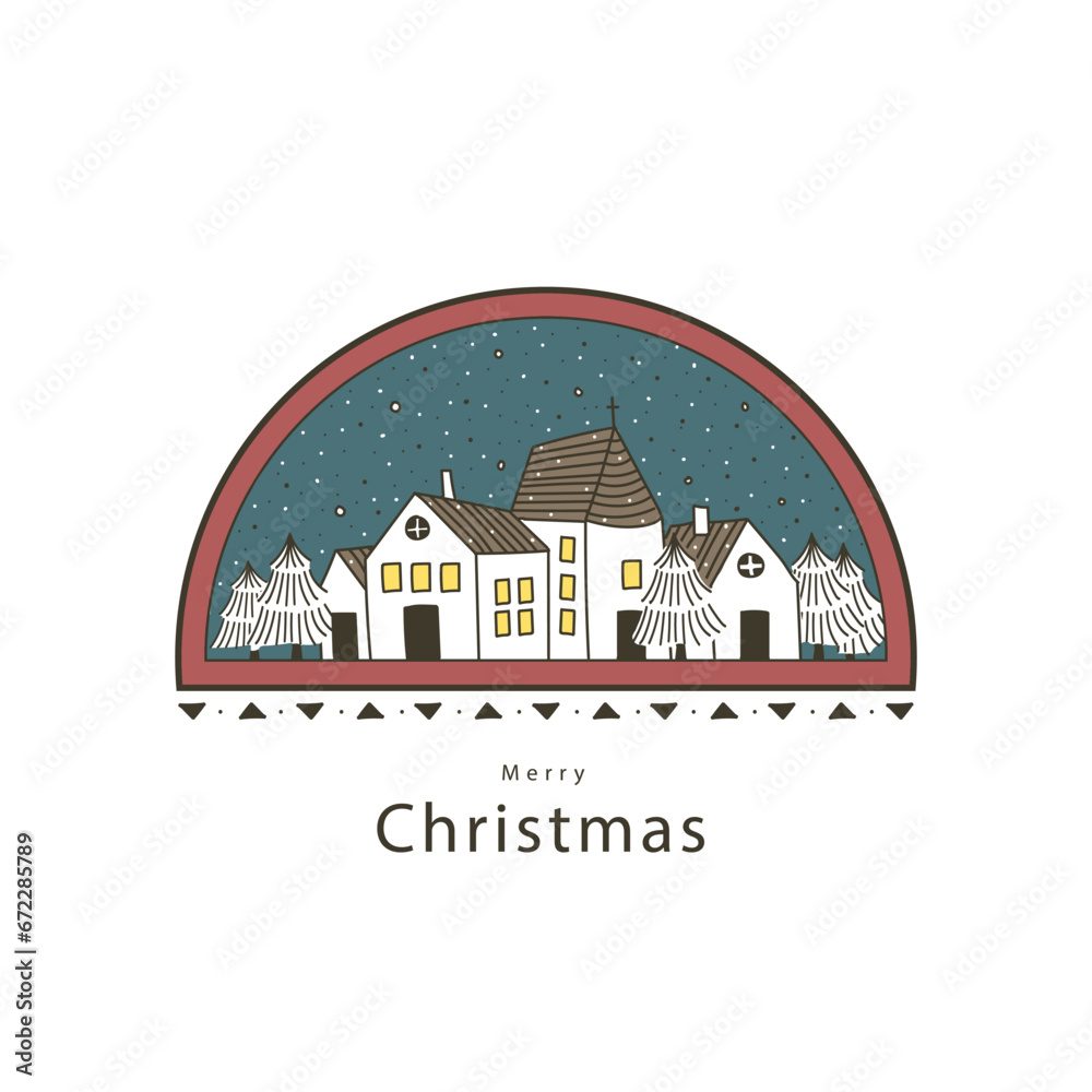 Christmas greeting card with hand drawn houses and snowflakes. Vector illustration
