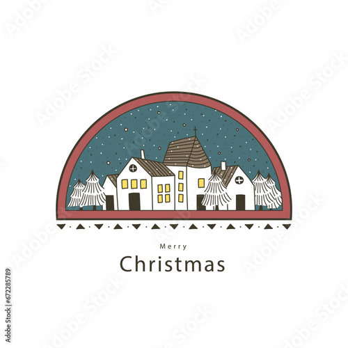 Christmas greeting card with hand drawn houses and snowflakes. Vector illustration 