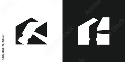 negative space logo with a combination of a house and a hammer for a home renovation logo.
