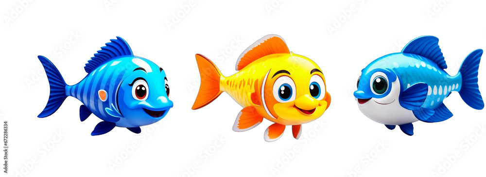 Naklejka premium Set of blue and yellow 3 cartoon aquarium or sea fish characters isolated on transparent PNG background PNG AI Generative