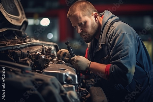 Machanic repair a car engine in the garage autmotive wokshop. Generative Ai