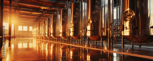 Fermentation beer tanks in row. Shiny metal modern brewery tanks in beer company.