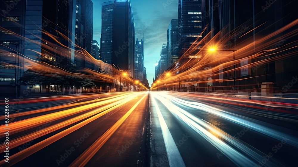 Long exposure photograph of car lights on a busy urban road at night, creating mesmerizing light trails